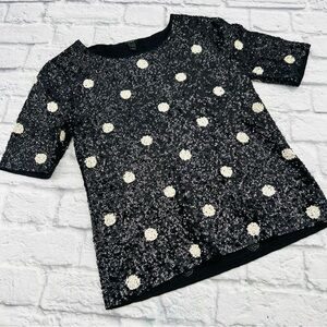 J. Crew Black Sequin Polka Dot Top Black White Size Small Elegant Holiday